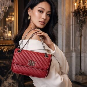 Badgley Mischka Red Quilted Chain Shoulder Bag Luxury Designer